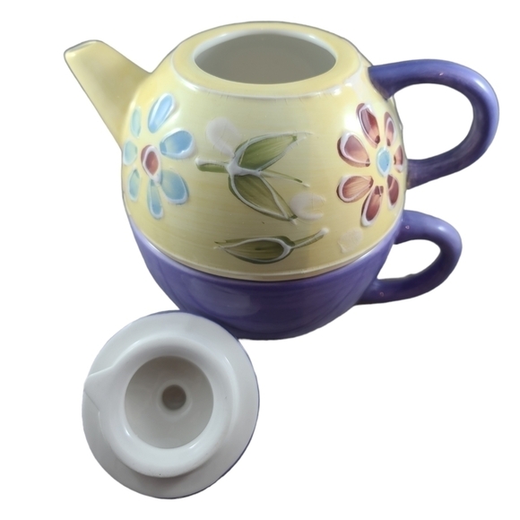 PERSONAL Nesting Teapot & Cup Pottery CIC Spring Flowers Yellow Purple China One - Picture 7 of 11